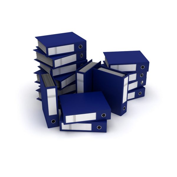 a stack of blue binders with court papers