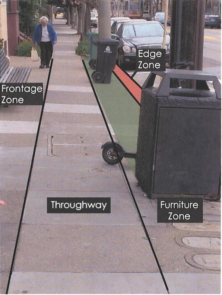 This photo shows acceptable areas for eride users to park devices, leaving a proper throughway for pedestrians.