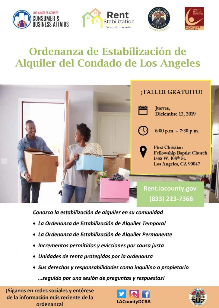 Flyer for Rent Stabilization Workshop Spanish