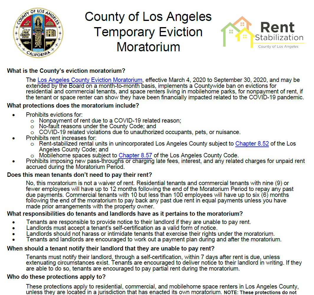 About L.A. County’s Temporary Eviction Moratorium Consumer & Business