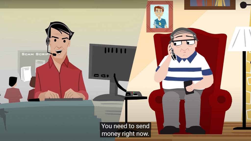 A screenshot from the grandparents scam video with a cartoon scammer speaking with an older man