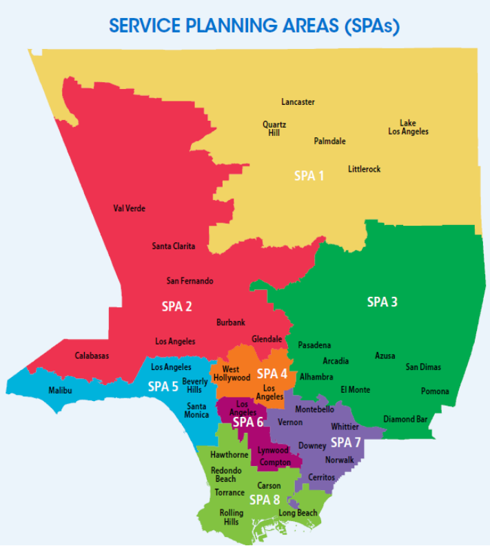 Map of Los Angeles County showing the eight DRPA service planning areas