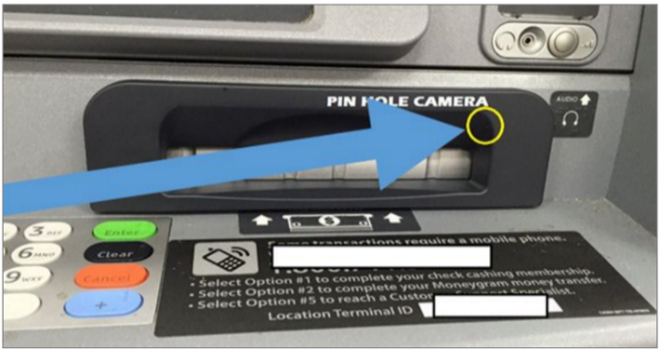 A blue arrow points to an example of a pinhole camera over a ATM keypad