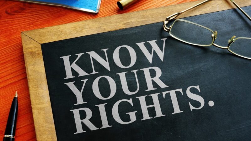 Know Your Rights is written on a small chalkboard on a desk next to chalk, pen, glasses, etc.