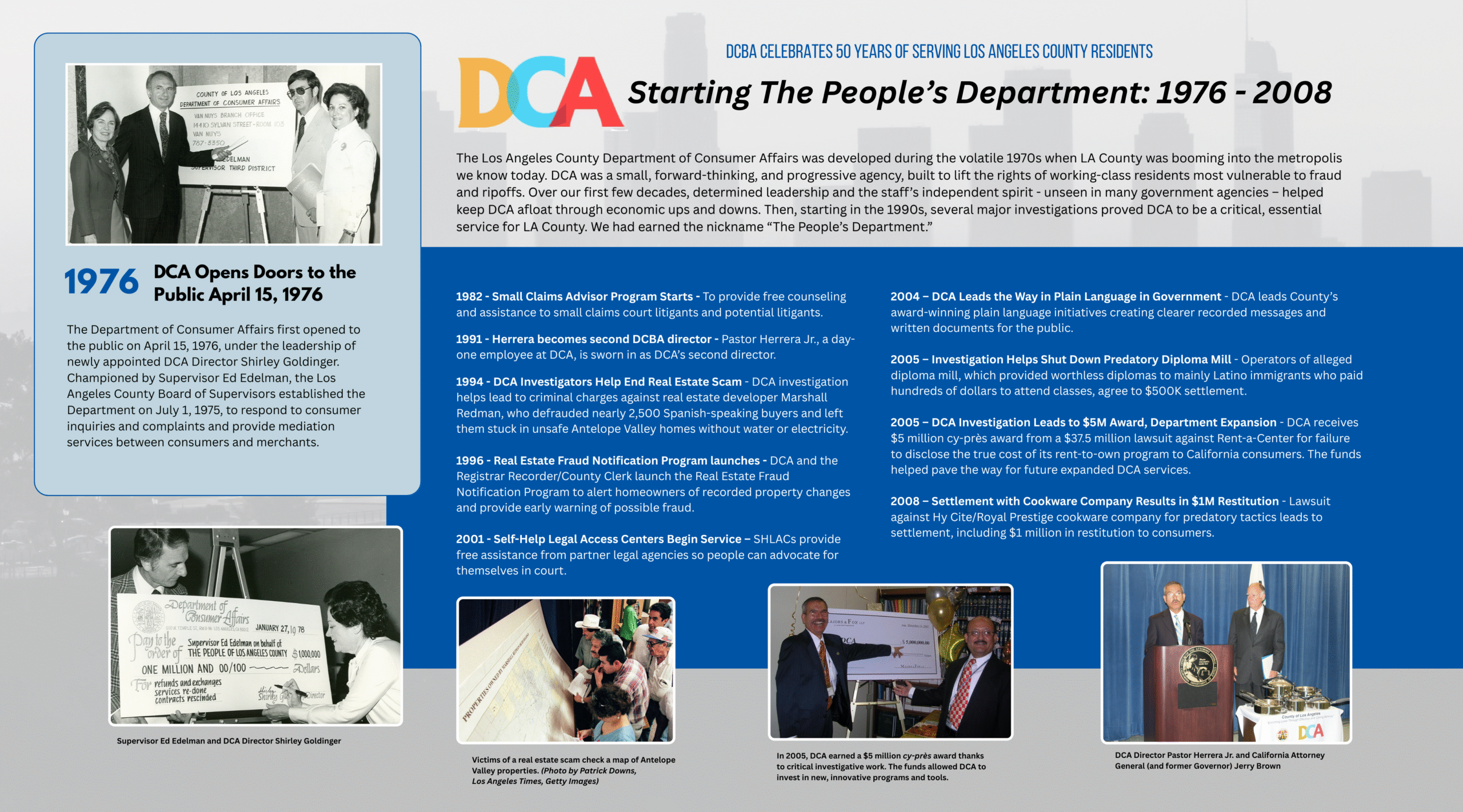 Starting The People’s Department: 1976 – 2008 The Los Angeles County Department of Consumer Affairs was developed during the volatile 1970s when LA County was booming into the metropolis we know today. DCA was a small, forward-thinking, and progressive agency, built to lift the rights of working-class residents most vulnerable to fraud and ripoffs. Over our first few decades, determined leadership and the staff’s independent spirit - unseen in many government agencies – helped keep DCA afloat through economic ups and downs. Then, starting in the 1990s, several major investigations proved DCA to be a critical, essential service for LA County. We had earned the nickname “The People’s Department.” Key Moments: 1976 - DCA Opens Doors to the Public April 15, 1976 - The Department of Consumer Affairs first opened to the public on April 15, 1976, under the leadership of newly appointed DCA Director Shirley Goldinger. Championed by Supervisor Ed Edelman, the Los Angeles County Board of Supervisors established the Department on July 1, 1975, to respond to consumer inquiries and complaints and provide mediation services between consumers and merchants. 1982 - Small Claims Advisor Program Starts - To provide free counseling and assistance to small claims court litigants and potential litigants. 1991 - Herrera becomes second DCBA director - Pastor Herrera Jr., a day-one employee at DCA, is sworn in as DCA’s second director. 1994 - DCA Investigators Help End Real Estate Scam - DCA investigation helps lead to criminal charges against real estate developer Marshall Redman, who defrauded nearly 2,500 Spanish-speaking buyers and left them stuck in unsafe Antelope Valley homes without water or electricity. 1996 - Real Estate Fraud Notification Program launches - DCA and the Registrar Recorder/County Clerk launch the Real Estate Fraud Notification Program to alert homeowners of recorded property changes and provide early warning of possible fraud. 2001 - Self-Help Legal Access Centers Begin Service – SHLACs provide free assistance from partner legal agencies so people can advocate for themselves in court. 2004 – DCA Leads the Way in Plain Language in Government - DCA leads County’s award-winning plain language initiatives creating clearer recorded messages and written documents for the public. 2005 – Investigation Helps Shut Down Predatory Diploma Mill - Operators of alleged diploma mill, which provided worthless diplomas to mainly Latino immigrants who paid hundreds of dollars to attend classes, agree to $500K settlement. 2005 – DCA Investigation Leads to $5M Award, Department Expansion - DCA receives $5 million cy-près award from a $37.5 million lawsuit against Rent-a-Center for failure to disclose the true cost of its rent-to-own program to California consumers. The funds helped pave the way for future expanded DCA services. 2008 – Settlement with Cookware Company Results in $1M Restitution - Lawsuit against Hy Cite/Royal Prestige cookware company for predatory tactics leads to settlement, including $1 million in restitution to consumers.